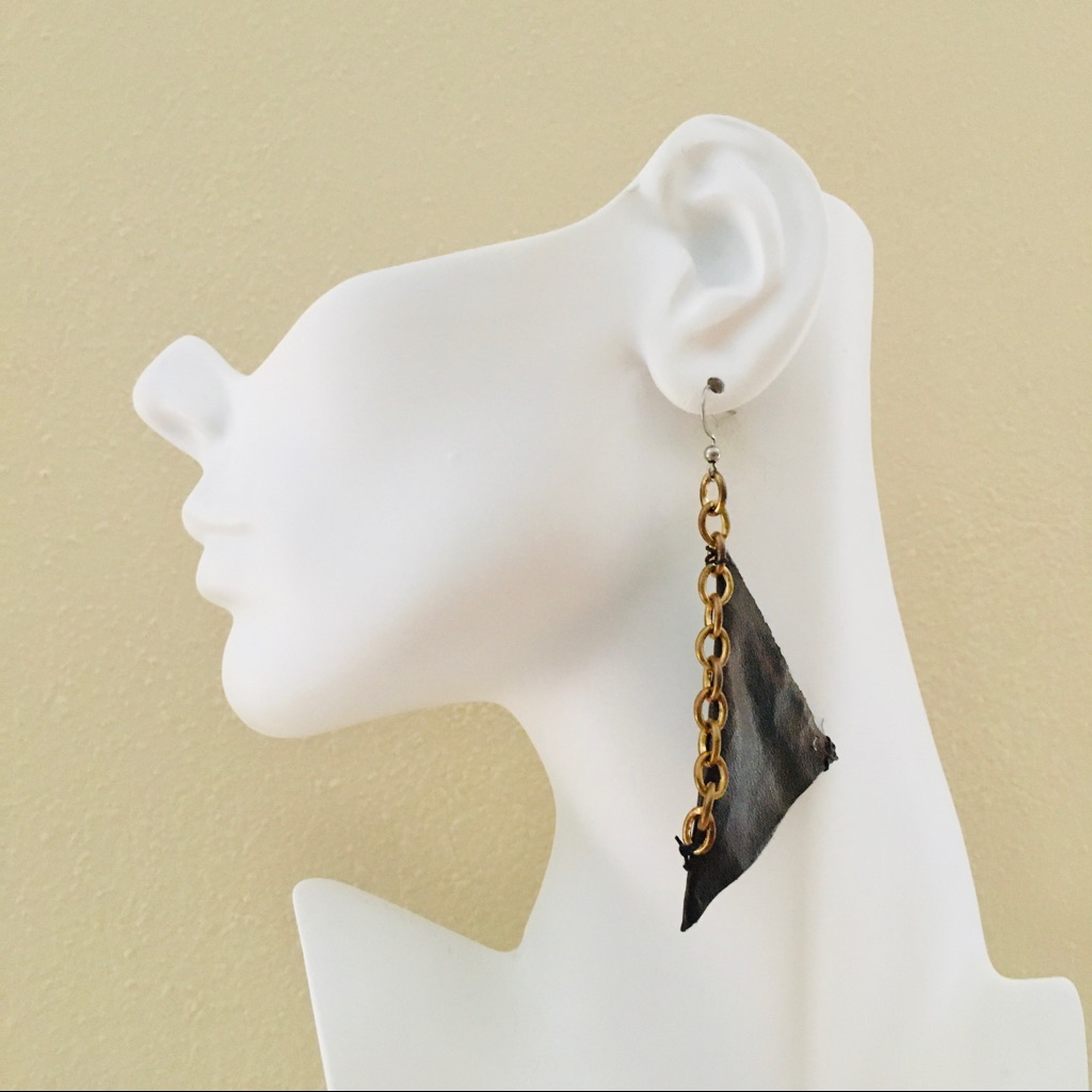 Triangle Leather & Bronze Chain Statement Earrings